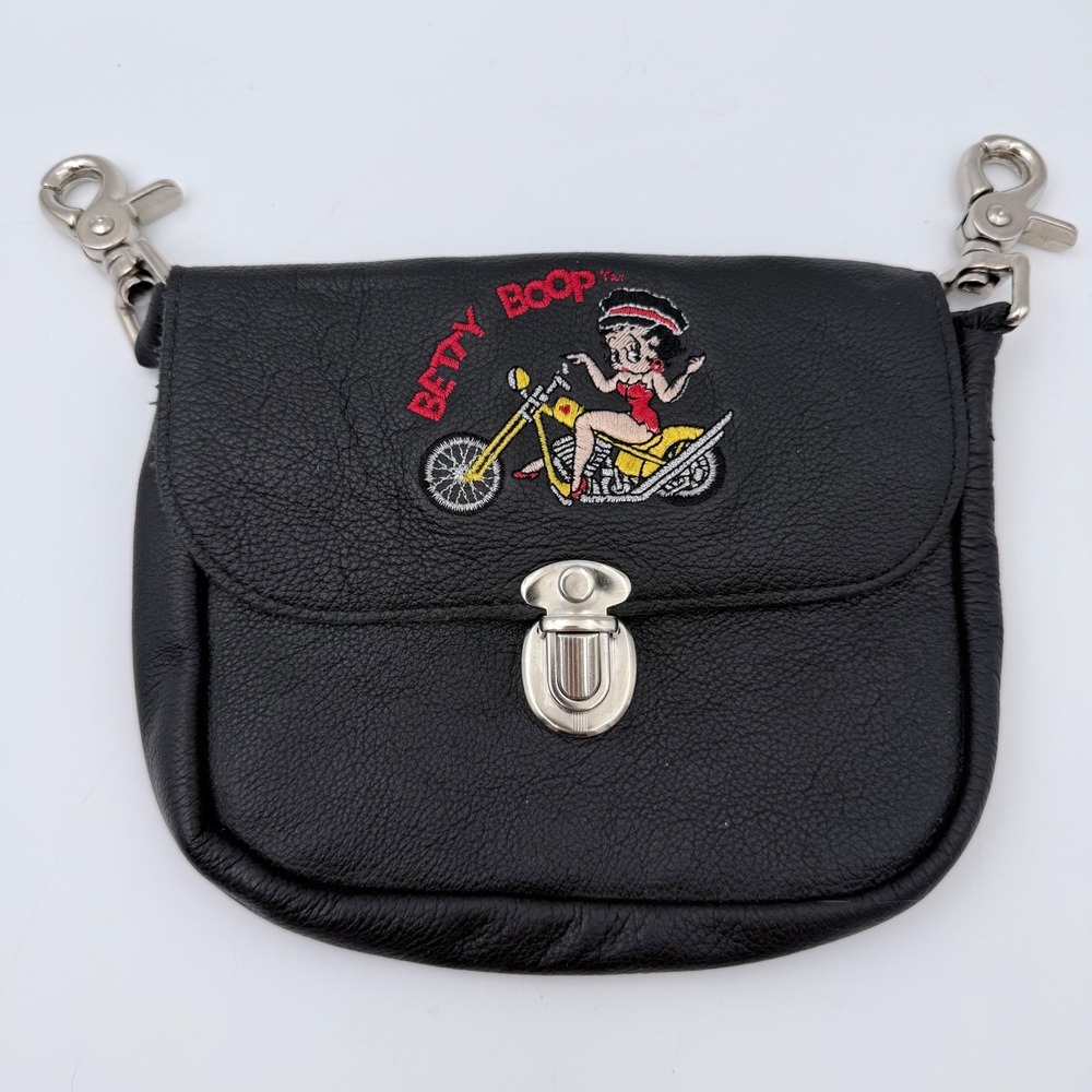 Betty Boop Leather Belt Hip Bag Motorcycle Biker Embroidered‎ Black Y2K